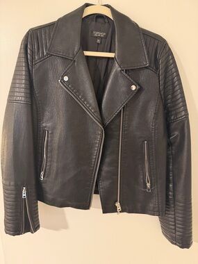 Topshop Black Quilted-Sleeve Faux Leather Moto Jacket